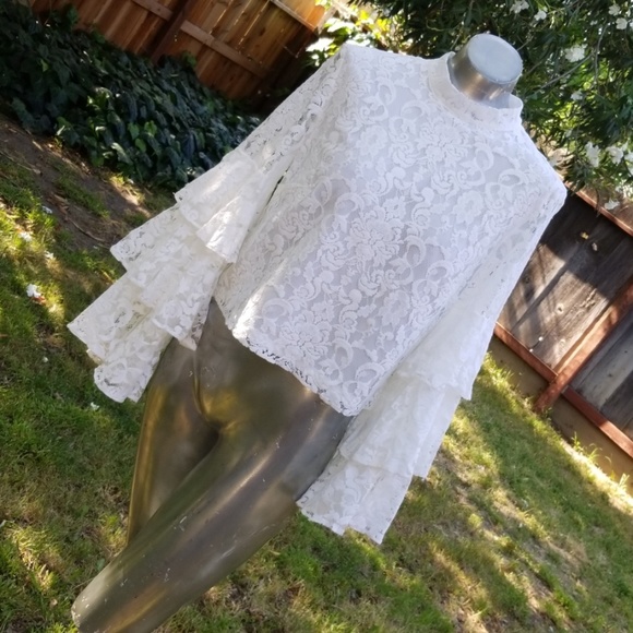 Leith Tops - Leith ruffle sleeve lace long sleeve top blouse S